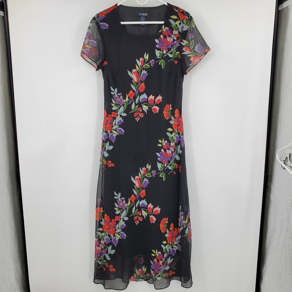 Eva Blue 14 Black Dark Floral Beaded Sheer Overlay Maxi Dress Short Sleeve Fairy